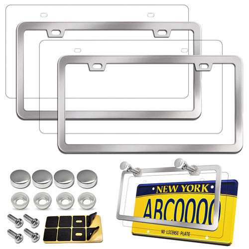Aootf License Plate Frames Covers - Stainless Steel Car Tag Holder and Clear Flat Shield, Unbreakable Front Rear Protector with Chrome Screws Caps, 2 Sets