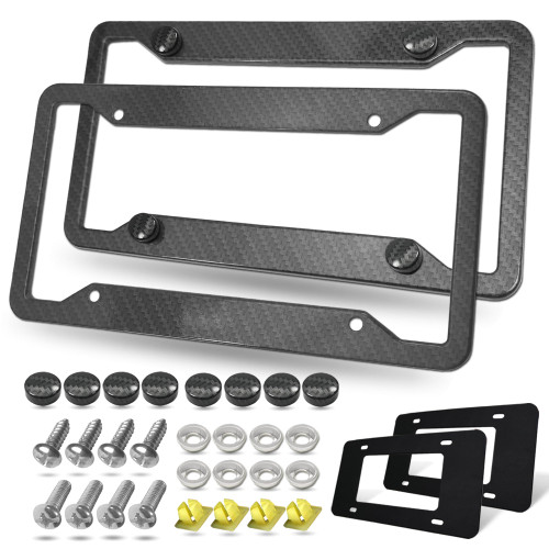 BGGTMO Carbon Fiber License Plate Frames- 2 Pack Black Aluminum Printed Carbon Patterns Car Tag Cover for Front & Rear, 4 Hole Heavy Duty Universal Holder Mount Screws with Caps