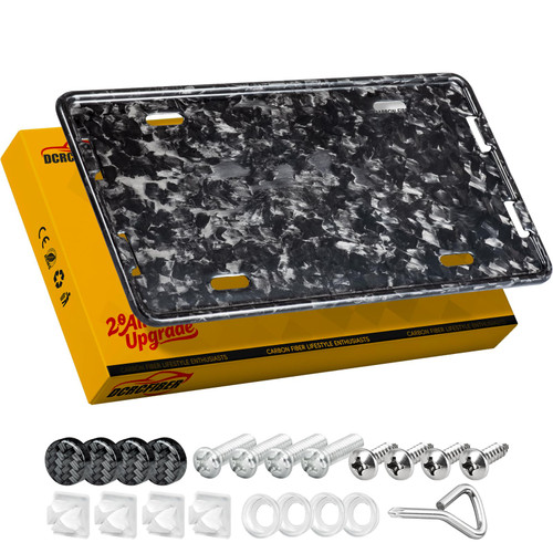 DCRCFIBER 100% Carbon Fiber License Plate Frame, All-Carbon Fiber snap-on 2/4-hole License Plate Frame, unobstructed View, Comes with Screw Covers and Shock-Absorbing Pads (Forged Pattern)