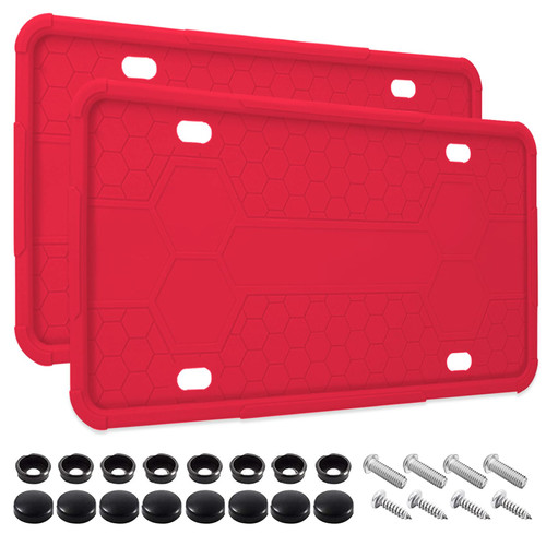 2 Pack Silicone License Plate Frames Black, Car Plate Frame Holder, Universal US Front & Rear Truck Frame Protector Mounting Kit Accessories, Rust Proof, Rattle Proof, Weather Proof (Red)