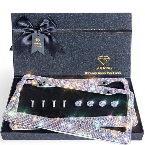Shering Bling License Plate Frame, 2 Pack Frame with Premium Gift Box for Women,Rhinestone Frames 1200pcs Rhinestones（Colorful Rhinestones）