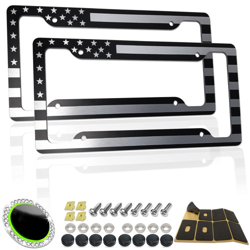 RCKJNJ American Flag License Plate Frames- Heavy Duty Aluminum-Plastic Composite Patriotic Car Tag Holder with Mounting Hardware & Screws Caps (Black)，2 Pack for Front Rear