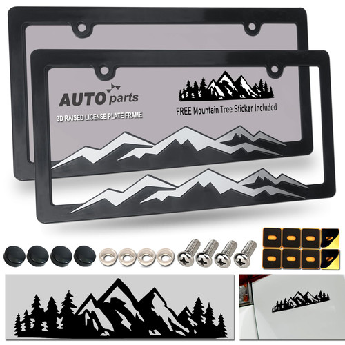 ZXFOOG Mountain License Plate Frames- Plastic Black Car Tag Holder Bracket with Screws Caps, 2 Packs 2 Hole, Silver on Black, Mountain Vinyl Sticker Included