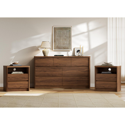 3 Pieces Bedroom Set, 55 Inch Width 7-Drawer Dresser & 2-Drawer Nightstands Set of 2,Nightstand with USB