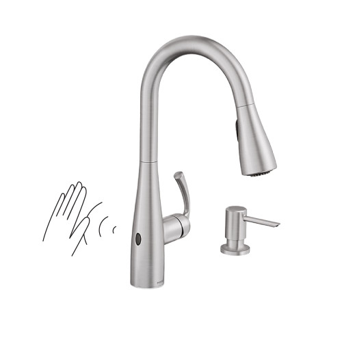 Moen Essie Spot Resist Stainless MotionSense Wave One-Handle Touchless Kitchen Faucet with Pulldown Sprayer and Soap Dispenser, 87014EWSRS