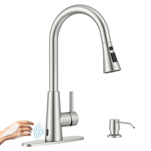 Touchless Kitchen Faucet with Soap Dispenser Brushed Nickel, Side Motion Sensor Lead-Free Faucet