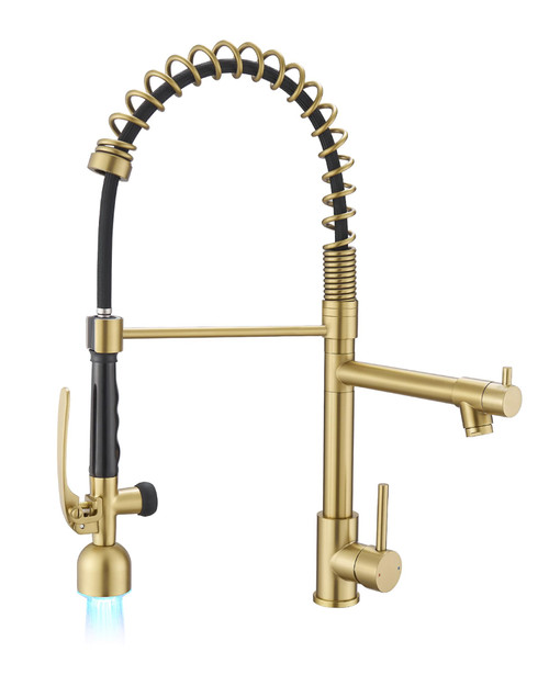 Fapully Single Handle High Arc Brushed Gold Pull Down Kitchen Faucet LED