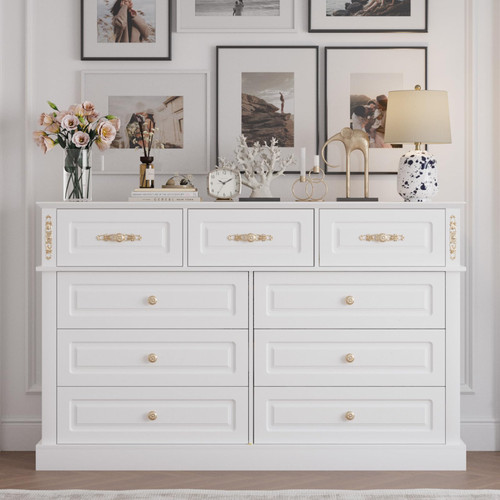 Mekminop Extra Large 9 Drawers Dresser for Bedroom, Wood Chest of Drawers with Gold Knobs