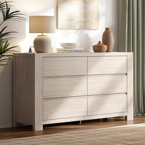 55'' Modern White Oak Chest of Drawers with Charging Station, Wood Bedroom Dresser with Large Storage for Living Room, Entryway
