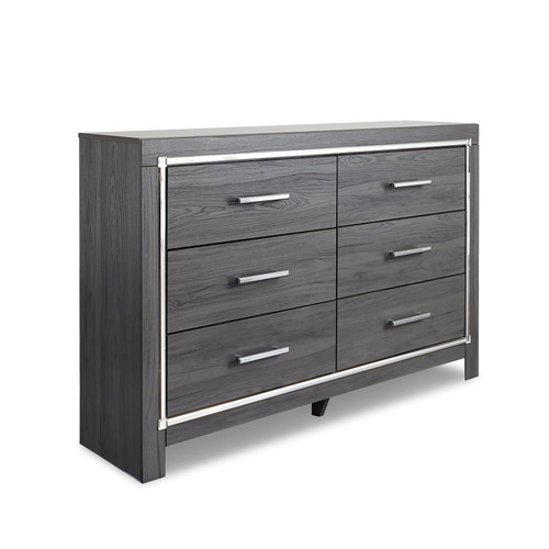 Modern Glam 6 Drawer Dresser with Faceted Chrome Accents, Gray Wood Grain