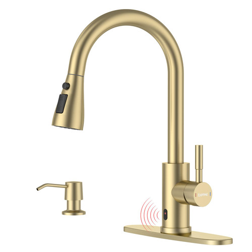 DAYONE Gold Touchless Kitchen Faucet with Soap Dispenser 3-Mode, Brushed Gold