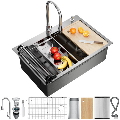 Drop In Kitchen Sink, 304 Stainless Steel Workstation Sink, Pop-Up Drain