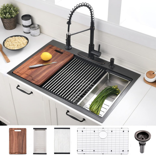33 Inch Black Drop In Kitchen Sink Workstation - VOKIM 33x22-Inch Drop In Sink