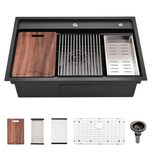 Black Drop In Kitchen Sink Workstation - VOKIM33 x22 Inch Drop In sink Splash Guard Stainless Steel