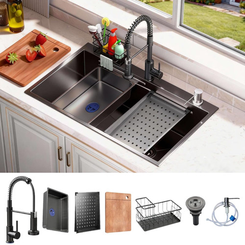 30x18 Black Drop-in Kitchen Sink: Deep Single Bowl Stainless Steel