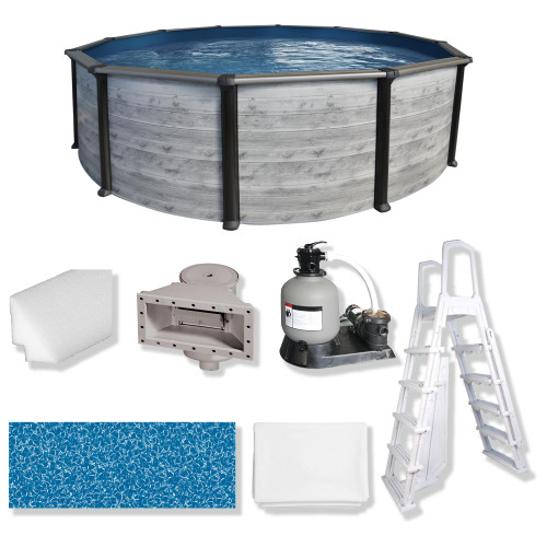 Puri Tech 24' x 52" Sunset Bay Above Ground Swimming Pool Package with Full-Print Overlap Liner, Liner Pad, Pool Cove, Skimmer