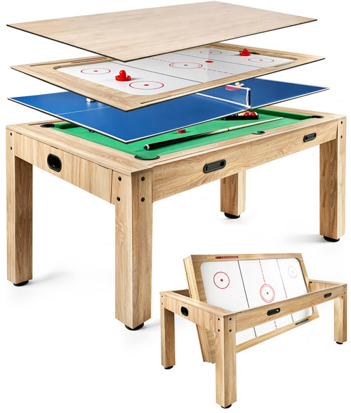 7FT 4-in-1 Multi Game Table with Pool Table Air Hockey Ping Pong, Convertible Pool Dining Table & Desktop with Locked Wheels