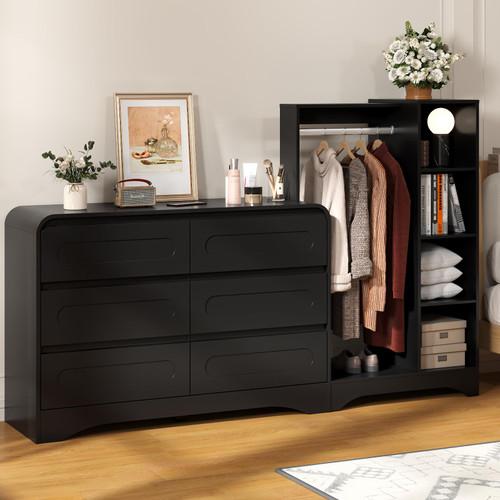 Dresser with Clothes Hanging Rack, Pre-Installed Slides for Fast Installation, 3-in-1 Wardrobe Closet with Drawers and Shoe Shelves