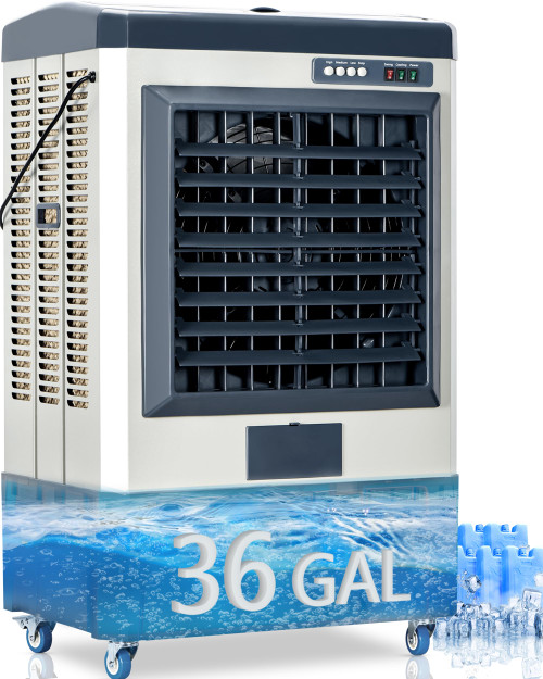 58" Evaporative Air Cooler with 36 Gal Water Tank, 5 Ice Box, 120° Oscillation, Portable Air Conditioner with 3 Speeds, Outdoor Cooling Fan for Garage
