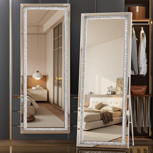 69"x24" Full Length Mirror with Lights, Crystal Crush Diamond Full Body Mirror, Dimming Floor Mirror for Bedroom