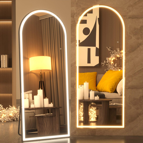 Pertetey 81x34 Inch LED Arched Full Length Mirror with Lights, Black Frame Dimmable & 3 Color Modes