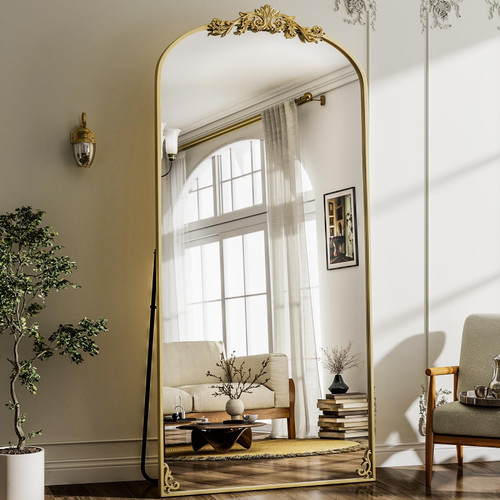 GLSLAND 77"x 38"  Large Carved Floor Mirror with Metal Frame Baroque Arched Full Body Mirrors for Bathroom/Living Room