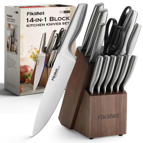 FIKSHOT 14 Pieces Knife Block Set German Stainless Steel with Block