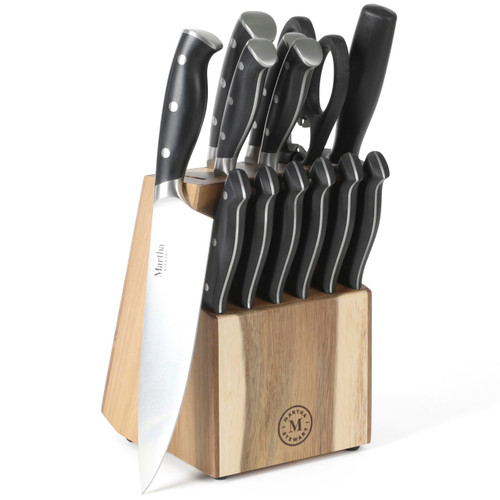 Martha Stewart Greeley 14 pc Triple- Riveted Cutlery Knife Acacia Wood Block Set