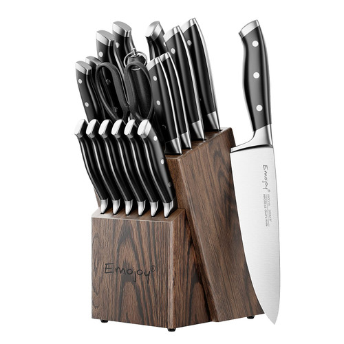 Emojoy Knife Set, 18-Piece Kitchen Knife Set with Block Wooden