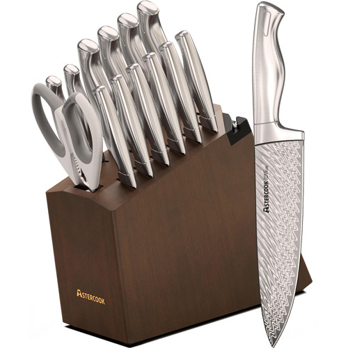 Astercook Knife Set, 15-Piece Kitchen Knife Sets with Built-in Sharpener Block