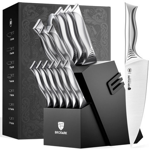 BRODARK Kitchen Knife Set with Block - 15-Piece Knife Block Set