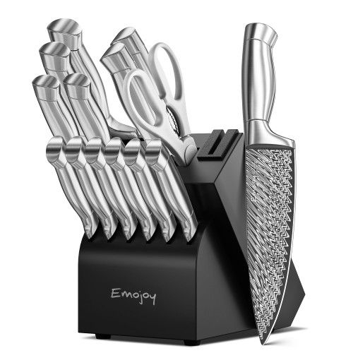 Knife Set, Emojoy 15 Pieces Kitchen Knife Block Set with Built-in Sharpener
