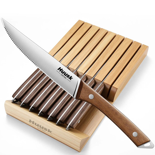 Huusk Steak Knives Set of 8 with Drawer Organizer-4.5 in Japanese Serrated Steak Knife Set with Block