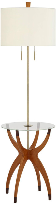 Mid Century Modern 64" Tall Standing Floor Lamp Tray Table Pull Chain Brown Gold Wood Metal Brass Finish Living Room Bedroom