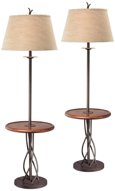 Industrial Modern Floor Lamps Standing with Tray Table 63 1/2" Tall Set of 2 Dark Rust Iron Twist Walnut Wood Linen Bell Shades for Cottage
