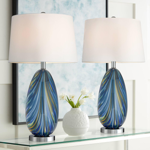 27" Tall Modern Coastal Table Lamps Set of 2 Blue Art Glass White Shade Living Room Bedroom