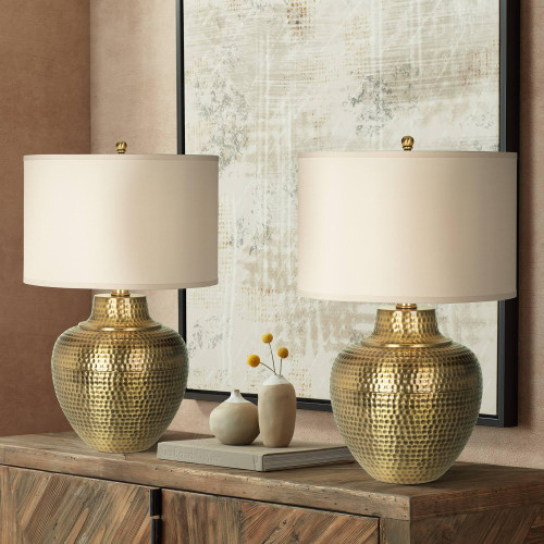 Rustic Farmhouse Table Lamps 27" Tall Set of 2 Antique Brass Textured Hammered Metal Cream Linen Drum Shade for Bedroom Living Room