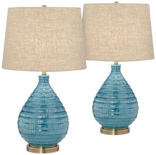 24" High Small Mid Century Modern Coastal Table Lamps Set of 2 Blue Ceramic Linen Shade Living Room Bedroom
