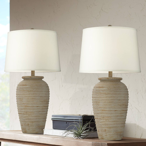28" Tall Jug Southwest Farmhouse Rustic Modern Table Lamps Set of 2 Sand Toned Ridged Finish Cream Shade Living Room Bedroom