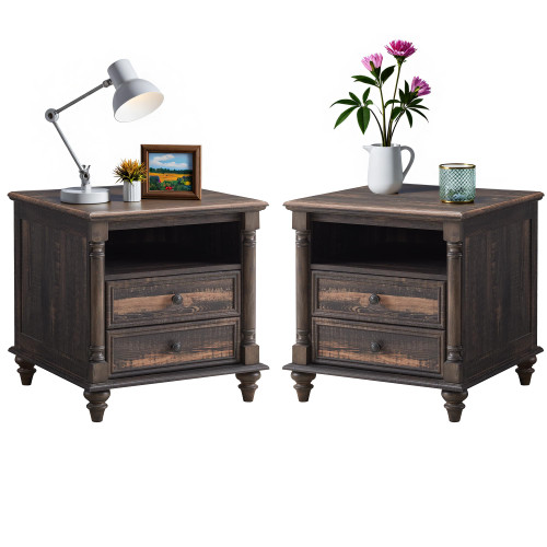Set of 2, Large 2 Drawers Sofa Side Table with Charging Station, Rustic Wood Square Nightstand for Living Room, Bedroom, Office, Dark Rustic Oak