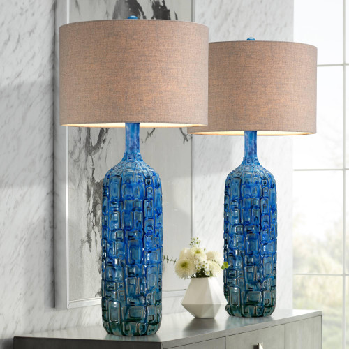 36" Tall Large Mid Century Modern Farmhouse Rustic Coastal End Table Lamps Set of 2 Teal Blue Ceramic Living Room Bedroom