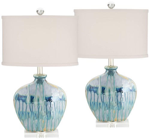 Possini Euro Design Mia Coastal Modern Style Table Lamps 25" High Set of 2 Ceramic Blue Drip Off White Shade Decor for Living Room Bedroom