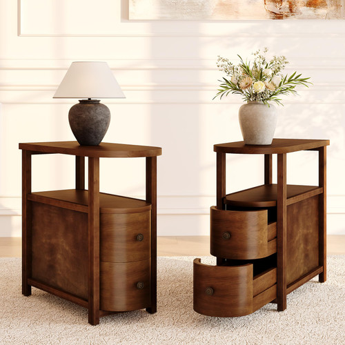 LITTLE TREE Solid Wood End Table Set 2 with 2 Drawers & Open Shelf, No Assembly Required Side Table for Living Room