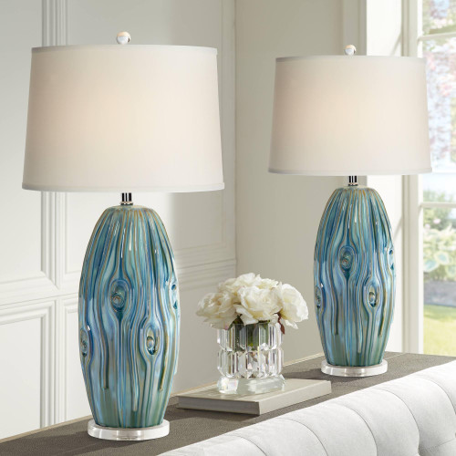31" Tall Large Modern End Table Lamps Set of 2 Blue-Green Ceramic Off-White Shade Living Room Bedroom Bedside