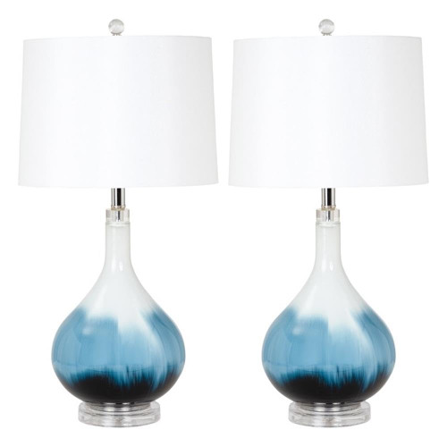Pemberly Row Table Lamps Set of 2, 28-Inch Blue Tone Glass Base, Linen Hardback Shade, 3-Way Switch, Max 100W Bulb