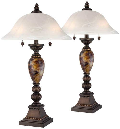 Kathy Ireland Mulholland Traditional Vintage Table Lamps 27" Tall Set of 2 Aged Bronze Faux Marble White Alabaster Glass Dome Shade for Living Room Bedroom