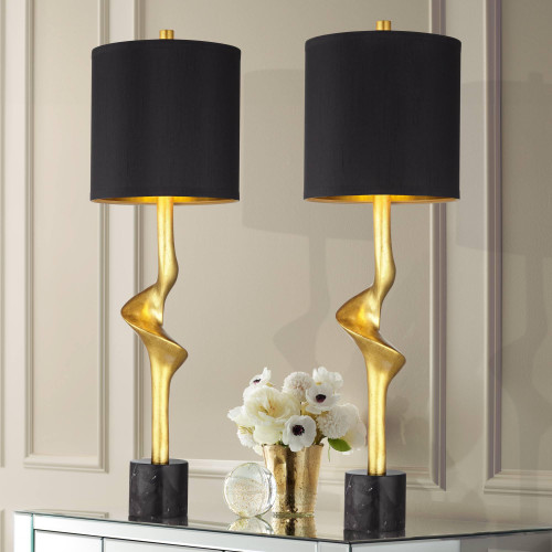 32" Tall Modern Glam Luxe End Table Lamps Set of 2 Sculptural Gold Leaf Black Shade Living Room Bedroom Bedside Nightstand