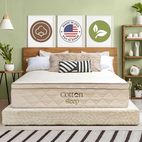 COTTON SLEEP All Natural Mattress (100% Organic Cotton, & Wool, Made in The USA) Non Toxic, Fiberglass Free Hybrid Pocket Coil and Plush Foam Bed in A Box Medium Soft - Twin, 13"