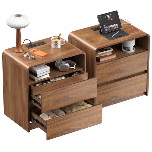 Modern Nightstand Set of 2 23.8" Walnut Nightstands with Hidden Drawers Wood Modern Bedside Table