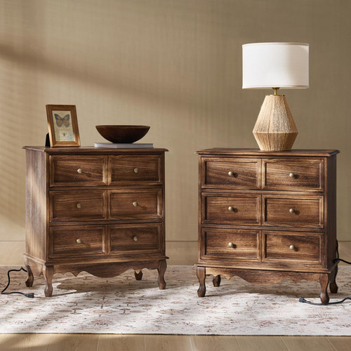 HULALA HOME 3-Drawer Nightstand with Charging Station, Drawer Organizer with Wood Legs, Set of 2(Walnut)